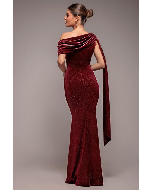 Goddiva Red Glitter Velvet Sash One Shoulder Bardot Maxi Dress