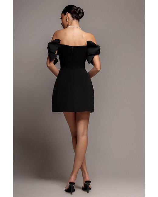 Goddiva Gray Bardot Plunge Neck Bow Sleeve Skater Mini Dress
