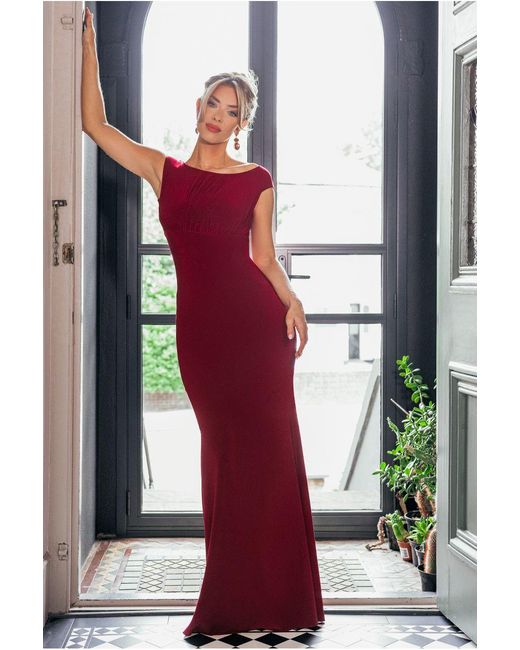 Goddiva Gray Open Back Cowl Neck Gathered Maxi Dress With Velvet Tie Back