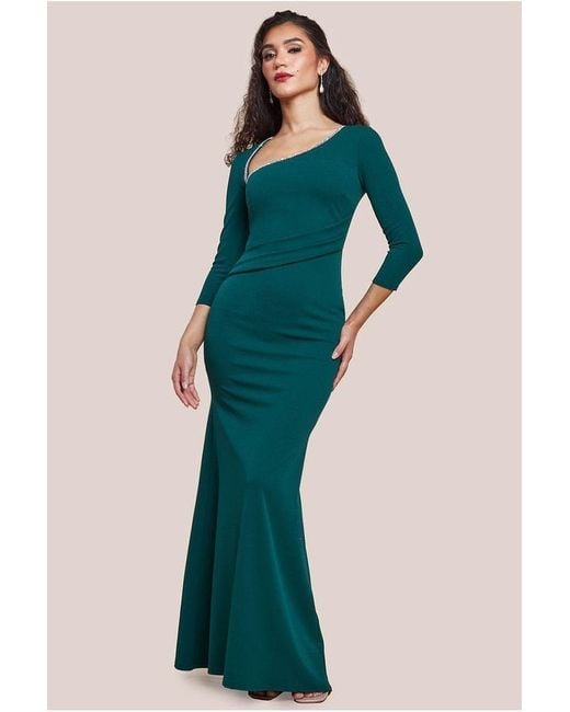 Goddiva Green Asymmetric Neck Diamante Embellished Maxi Dress