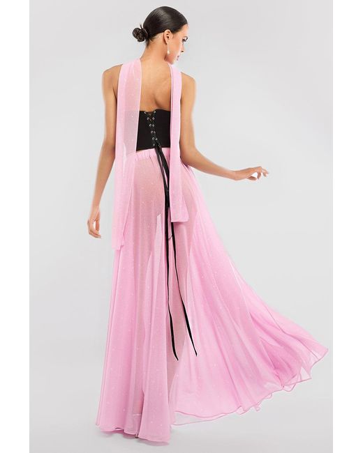 Goddiva Pink Compact Crepe Lace Up Corset With Gathered A-Line Glitter Chiffon Maxi Skirt & Scarf