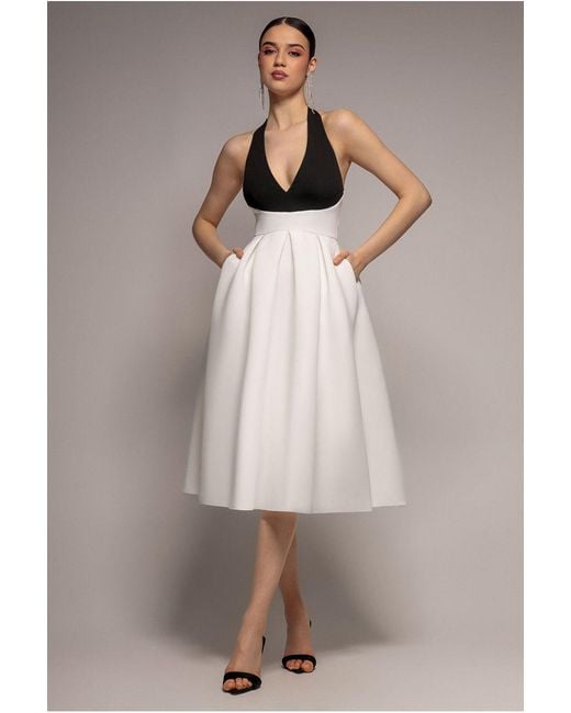 Goddiva White Contrast Halter Neck Pleated A Line Midaxi Dress