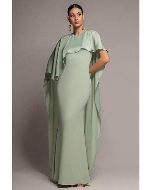Goddiva Green Scoop Neck Velvet Satin Cape Sleeve Maxi Dress