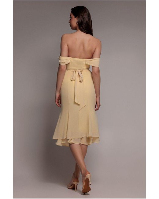 Goddiva Natural Chiffon Cowl Off Shoulder Wing Tiered Midi Dress