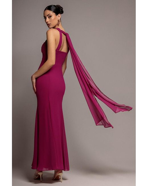 Goddiva Multicolor Cross Front Scarf Back Chiffon Mermaid Maxi Dress
