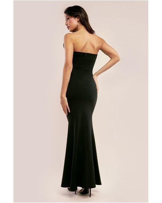 Goddiva Black Satin Corsage Scuba Crepe Maxi Dress
