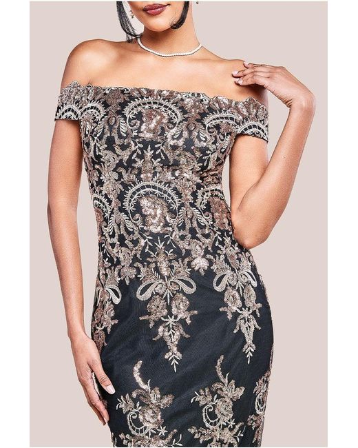 Goddiva Multicolor Bardot Sequin Embroidered Maxi Dress