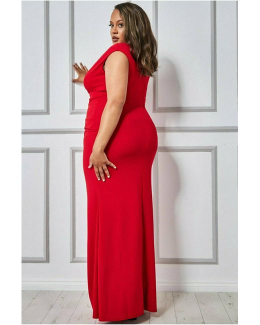 Goddiva Plus Bardot Pleated Maxi Dress in Red | Lyst