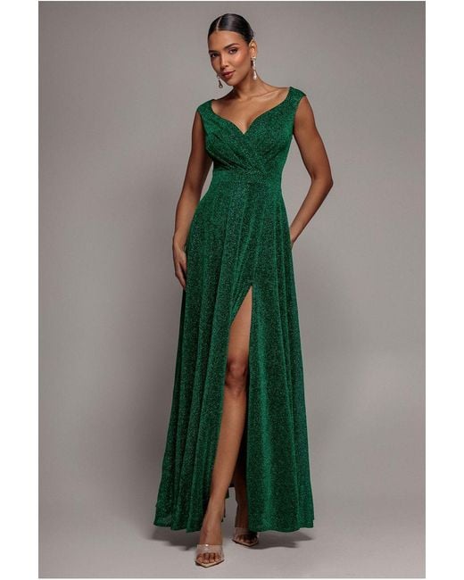 Goddiva Green Crossover Lurex Glitter Maxi Dress