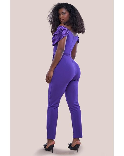 Goddiva Purple Corset Bodice Scuba & Satin Bardot Jumpsuit