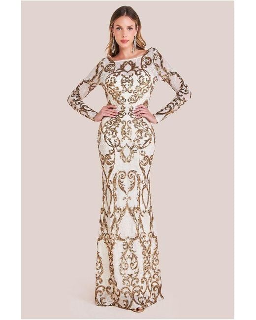 Goddiva Natural Sequin Cowl Back Maxi