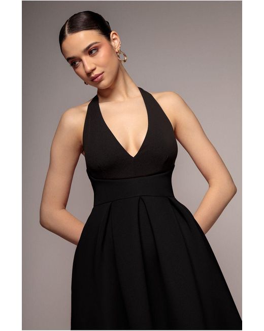 Goddiva Black Halter Neck Pleated A-Line Midaxi Dress