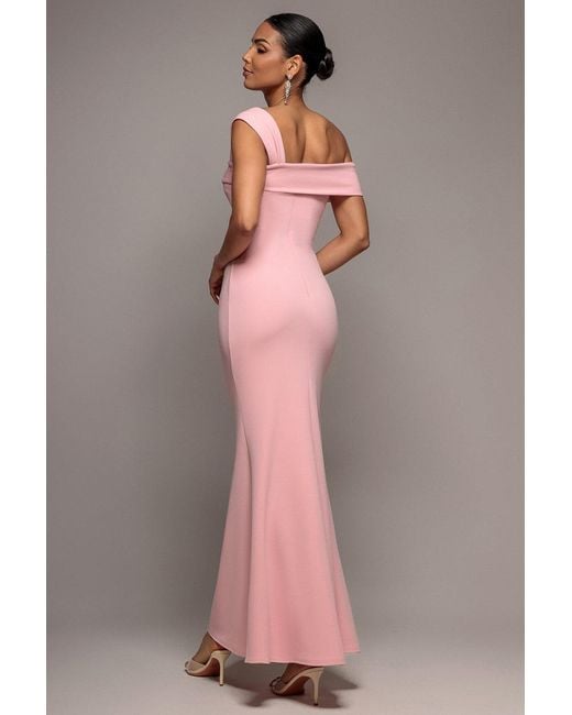 Goddiva Pink Off The Shoulder Pleated Waist Maxi Dress