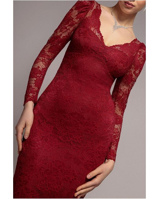 Goddiva Red Fit & Flare Scallop Lace V Neck Maxi Dress
