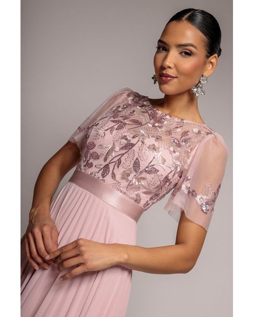 Goddiva Pink Embroidered Top Chiffon Pleated Midi