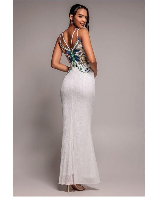 Goddiva Natural Sequin Butterfly Front Split Maxi Dress