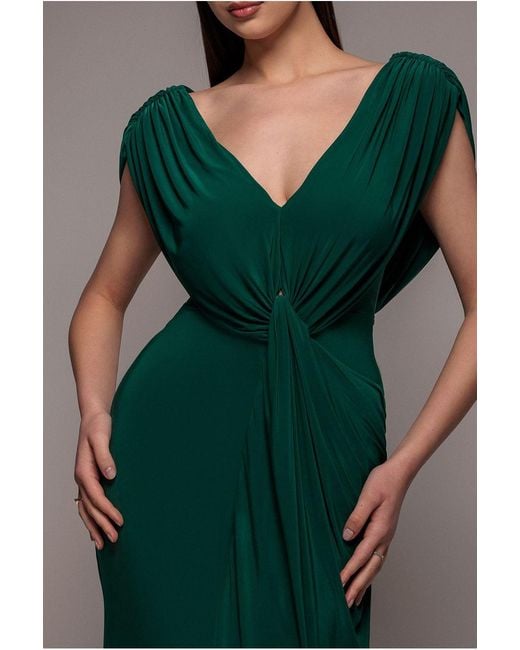Goddiva Green Cowl Plunge Draped Mermaid Maxi Dress