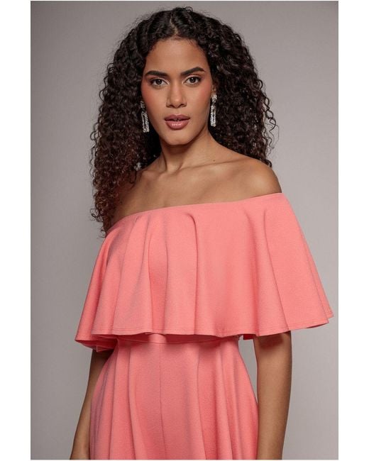 Goddiva Red Off The Shoulder Frill Neck Skater Playsuit