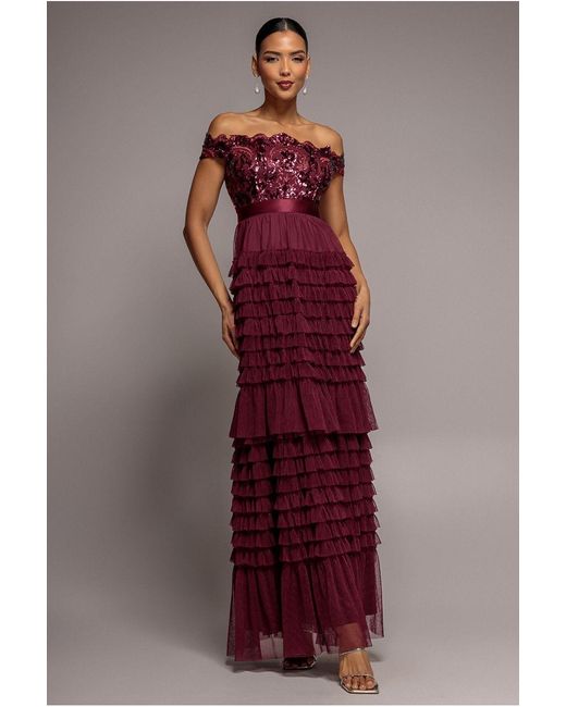 Goddiva Red Scallop Bardot Ruffle Mesh Maxi