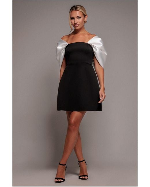 Goddiva Black Contrast Off Shoulder Back Satin Bow Scuba Mini Dress