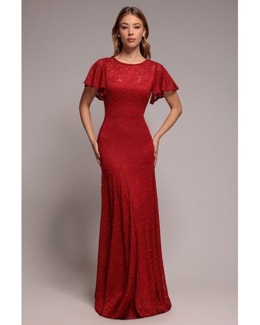 Goddiva Red Flutter Sleeve Lace A-Line Maxi Dress