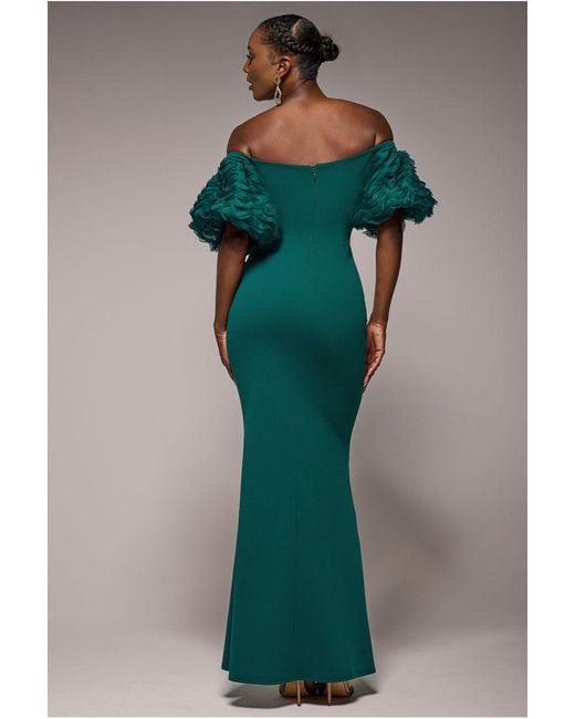 Goddiva Green Off The Shoulder 3D Puffed Sleeve Sweetheart Maxi Dress