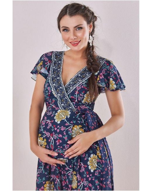 Goddiva Blue Maternity Floral Print Midi Print