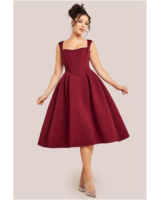 Goddiva Red Sleeveless Corset Fit & Flare Midi Dress