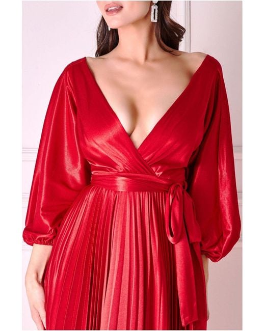 Goddiva Red Satin Pleated Skirt Wrap Midi Dress
