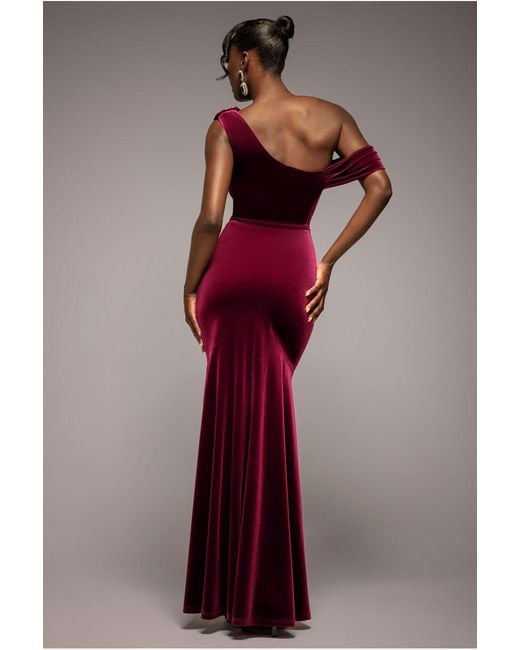 Goddiva Red Cowl One Shoulder Velvet Maxi Dress