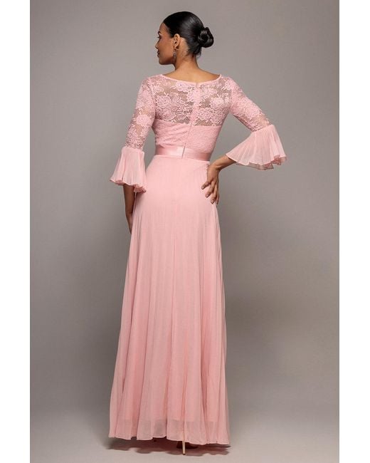 Goddiva Pink Scalloped Lace Bodice Pleated Chiffon A Line Maxi Dress