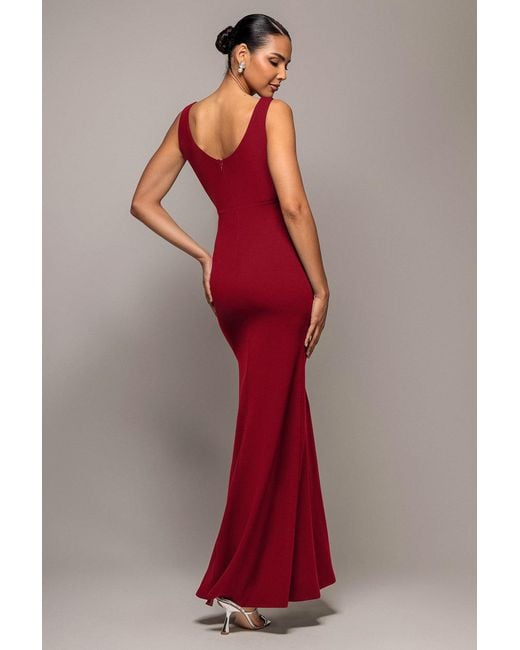 Goddiva Red Diamante Brooch Thigh Split Mermaid Maxi Dress