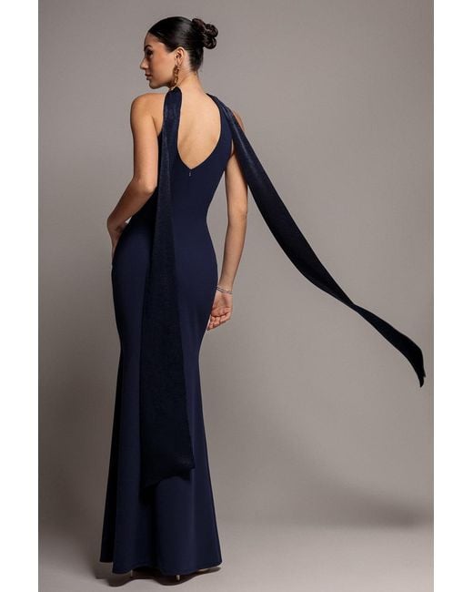Goddiva Blue Scuba & Soft Satin Halterneck Maxi Dress With Back Sash