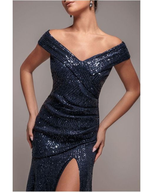 Goddiva Blue Bardot Sequin Pleated Maxi Dress