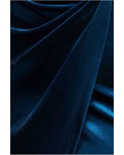 Goddiva Blue Off The Shoulder Front Split Velvet Maxi Dress