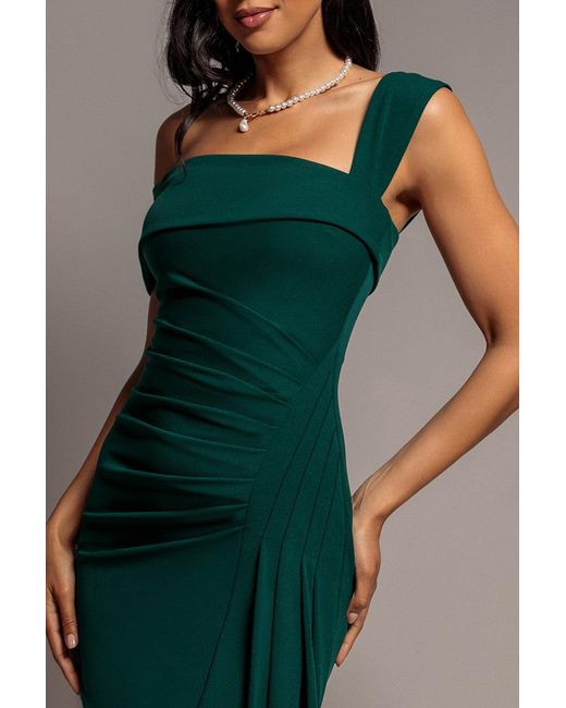 Goddiva Green Off Shoulder Pleated Waist Asymmetric Midaxi Dress