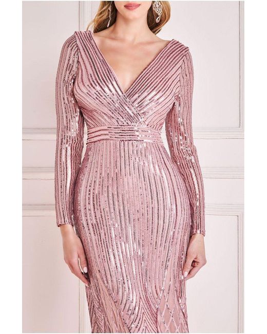 Goddiva Pink Long Sleeve Sequin V Wrap Maxi Dress