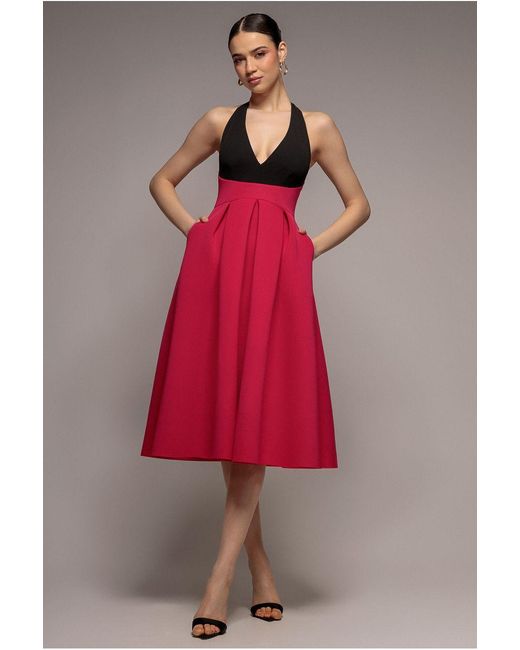 Goddiva Pink Contrast Halter Neck Pleated A-Line Midaxi Dress