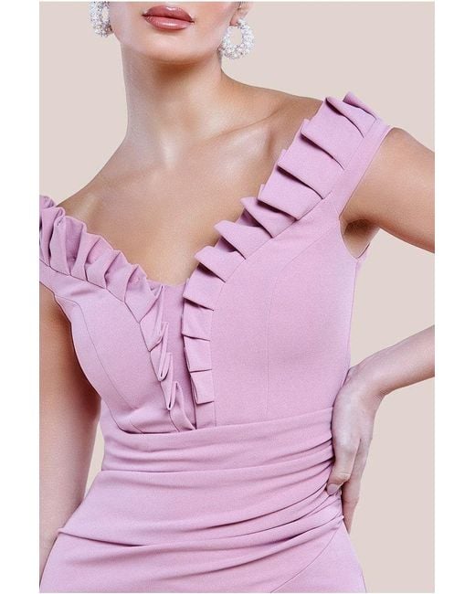Goddiva Pink Off The Shoulder Frill Bodice Midi Dress