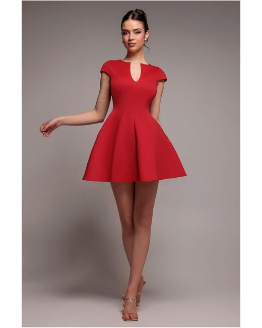 Goddiva Red Cap Sleeve Plunging V-Neckline Skater Mini Dress