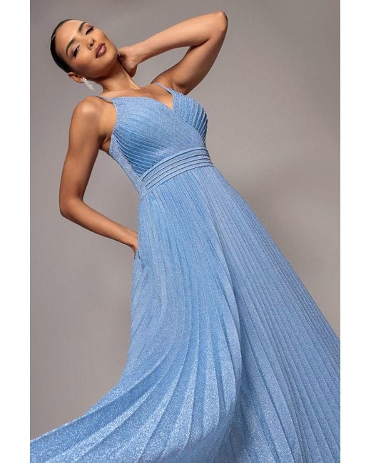 Goddiva Blue Sleeveless Pleated A Line Lurex Maxi Dress