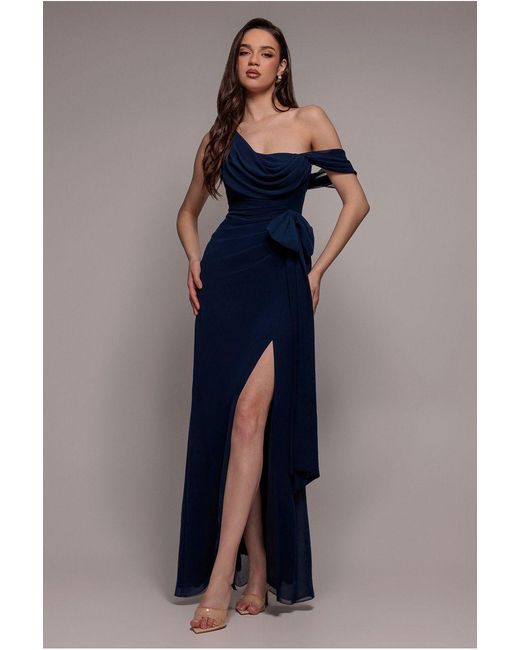 Goddiva Blue One Shoulder Cowl With Bow Detail Maxi Dress