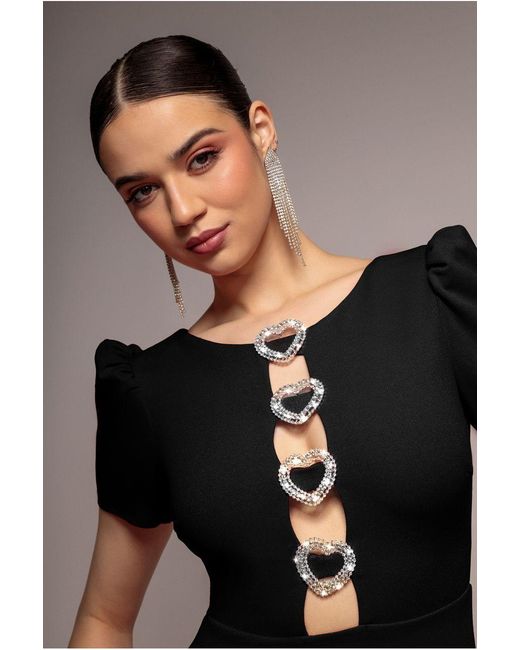 Goddiva Black Diamante Embellished Heart Brooch Scuba Maxi Dress