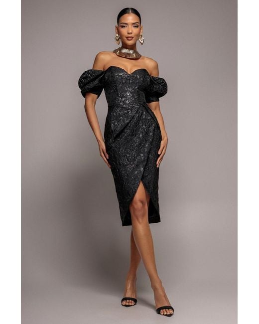 Goddiva Black Puff Sleeve Sweetheart Midi Dress