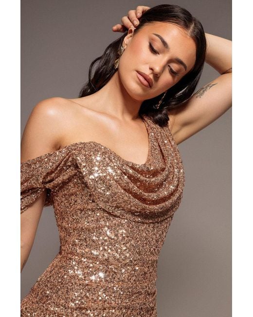Goddiva Pink Sequin Cowl One Shoulder Maxi Dress