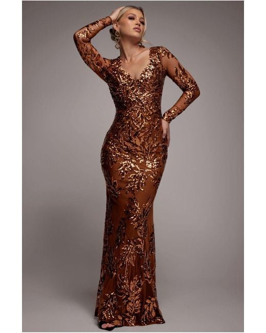 Goddiva Brown Sequin Leaf Long Sleeve Maxi Dress