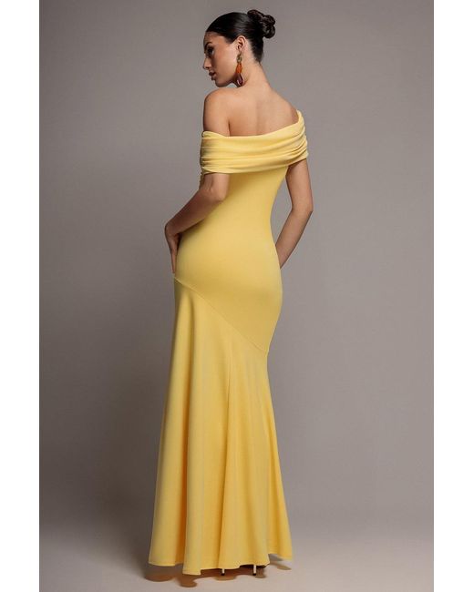 Goddiva Metallic Pleated One Shoulder Bardot Fit And Flare Maxi Dress