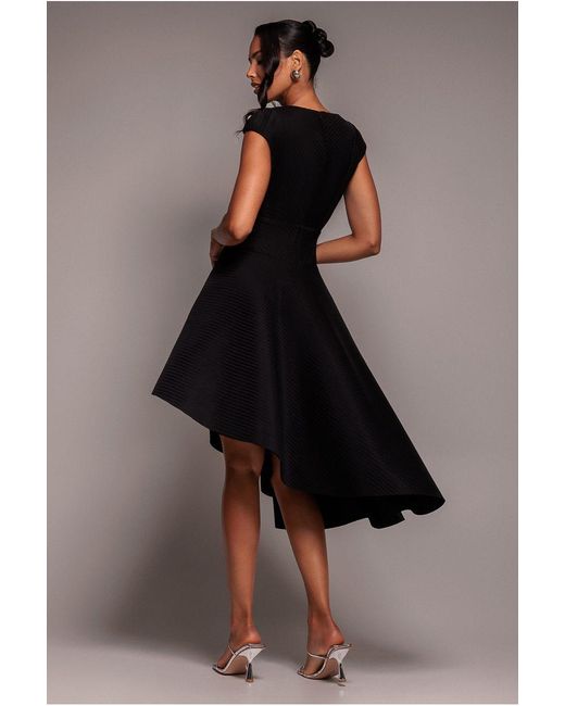 Goddiva Black Cap Sleeve Textured Skater Asymmetric Midi Dress