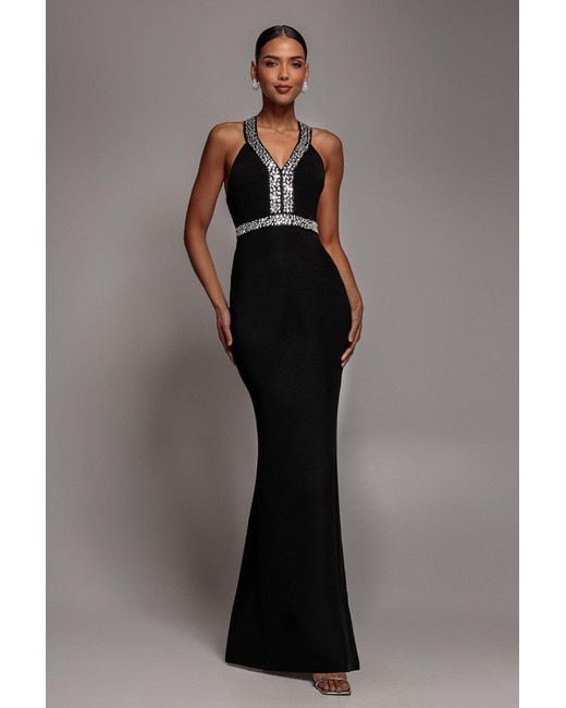 Goddiva Black Diamante Cross Back Maxi Dress