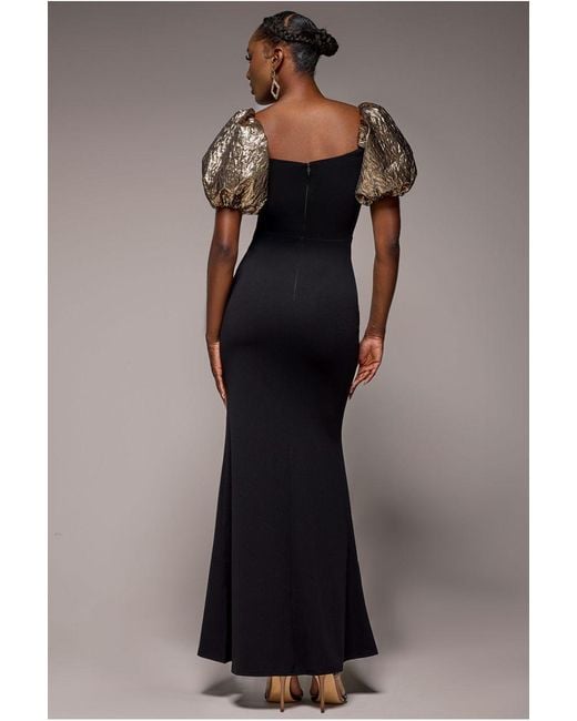 Goddiva Natural Jacquard Puff Sleeve Sweetheart Scuba Maxi Dress